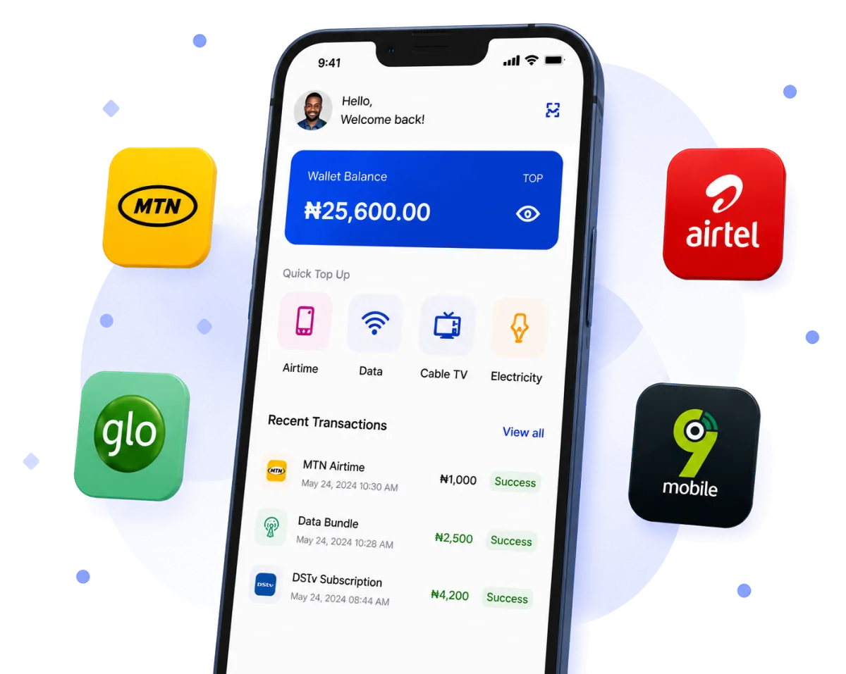 VTUPro app showing wallet balance and quick top-up options